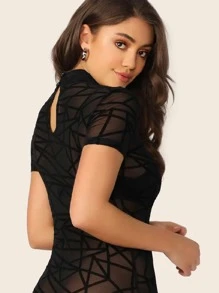 SHEIN Mock-neck Sheer Geo Mesh Bodysuit Without Bra - Black - View 2