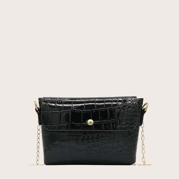 

Croc Embossed Flap Chain Bag, Black