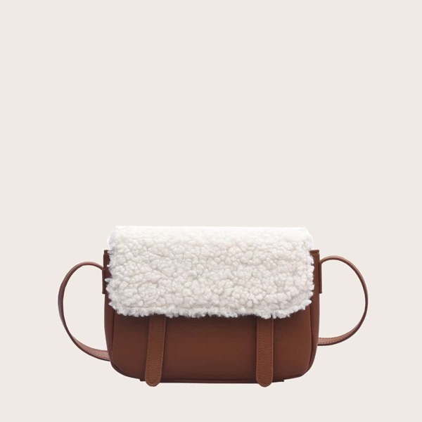 

Faux Shearling Flap Crossbody Bag, Brown
