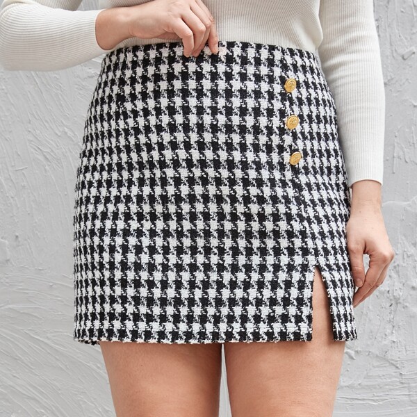 

Plus Tweed Houndstooth Split Straight Skirt, Black and white