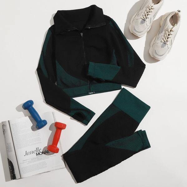 

Contrast Striped Zip Up Sports Jacket & Sports Leggings, Black