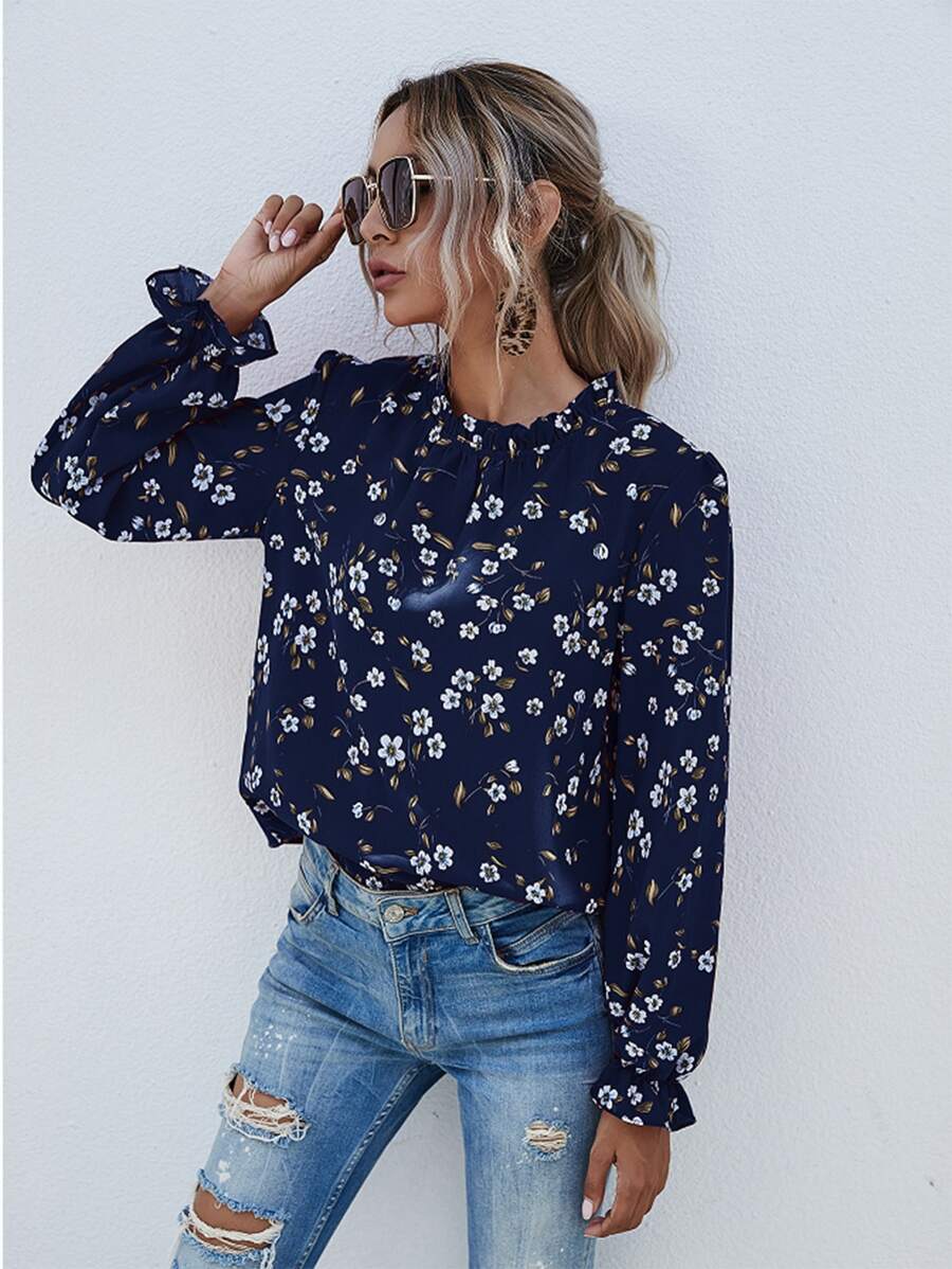 SHEIN Holidaya Flounce Sleeve Frill Neck Floral Print Blouse - Navy Blue - View 1