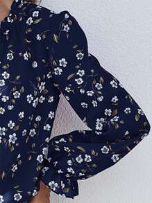 SHEIN Holidaya Flounce Sleeve Frill Neck Floral Print Blouse - Navy Blue - View 4