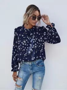 SHEIN Holidaya Flounce Sleeve Frill Neck Floral Print Blouse - Navy Blue - View 5