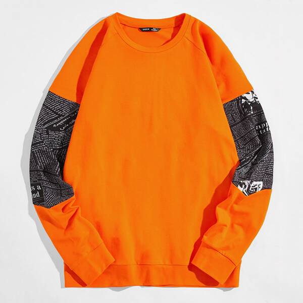 

Men Neon Orange Newspaper Print Panel Pullover, Orange neon