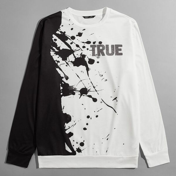 

Men Letter Graphic Colorblock Pullover, Black and white