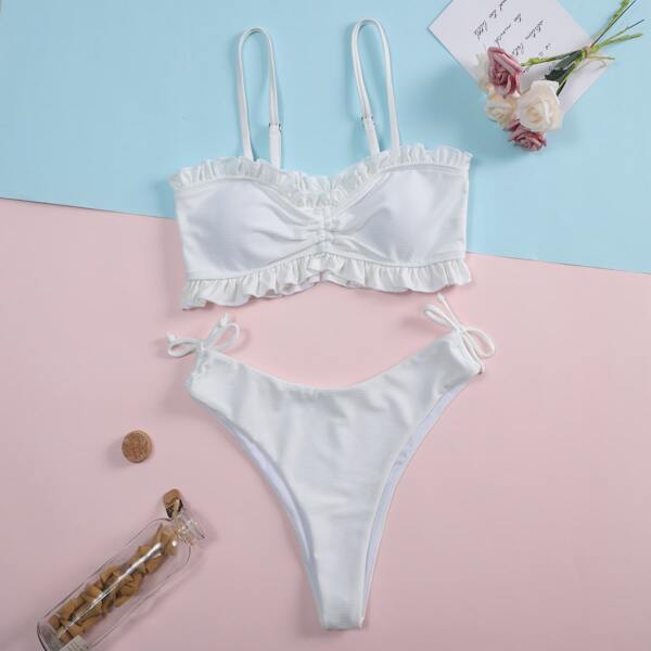 

Rib Ruched Frill Trim Tie Side Bikini Swimsuit, White