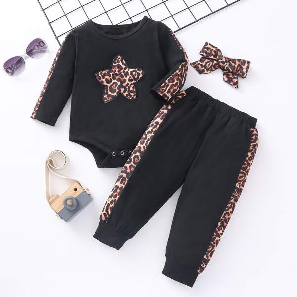 

Baby Boy Leopard Panel Patched Bodysuit & Sweatpants & Headband, Black