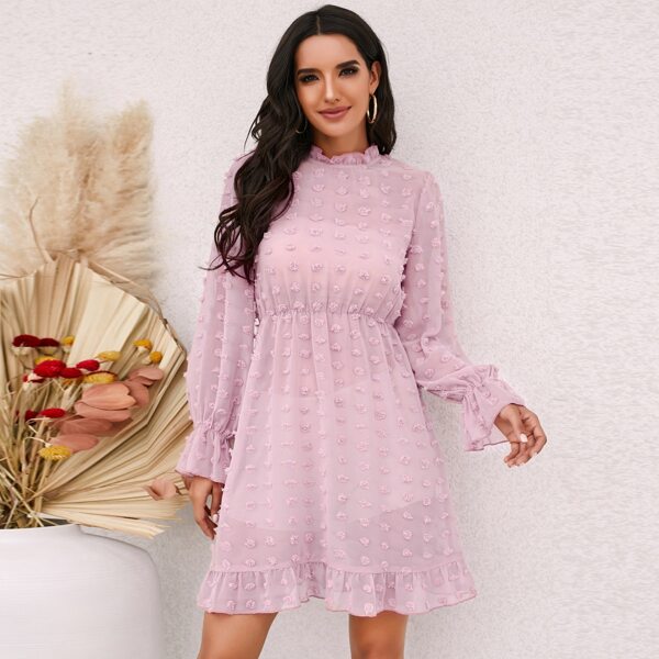 

Swiss Dot Flounce Sleeve Ruffle Hem Dress, Baby pink