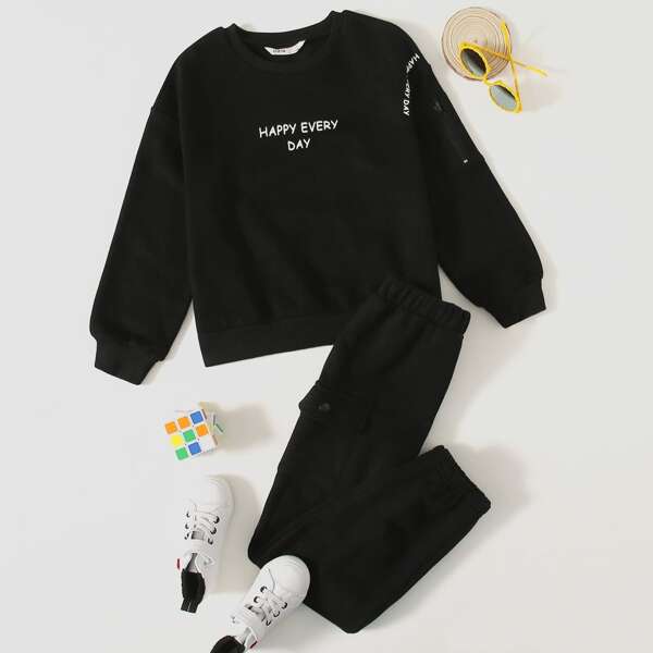 

Girls Zipper Arm Pocket Slogan Graphic Pullover & Flap Pocket Joggers Set, Black