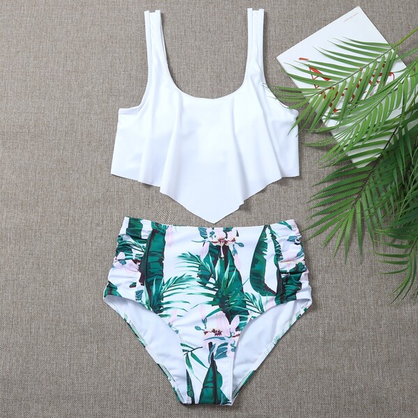 

Tropical & Floral Ruffle Hem Bikini Swimsuit, Green