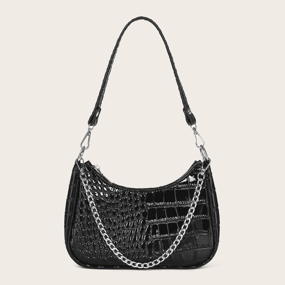 

Croc Embossed Baguette Bag, Black