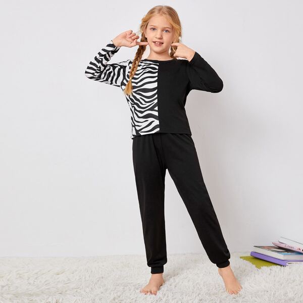 

Girls Zebra Striped Spliced Top & Pants PJ Set, Black