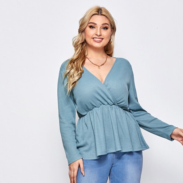 

Plus Solid Surplice Front Babydoll Tee, Dusty blue