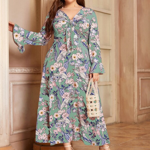 

Plus Floral Print Knot Front Flounce Sleeve Dress, Multicolor