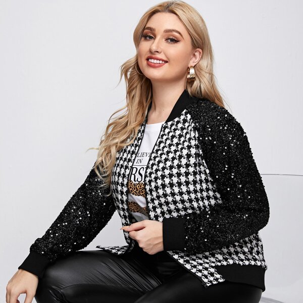 

Plus Contrast Sequin Houndstooth Print Zip Up Bomber Jacket, Black and white