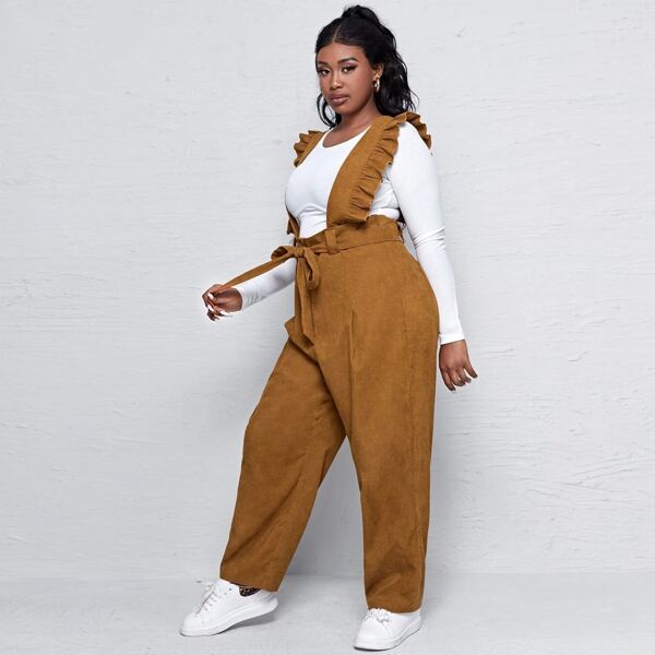 

Plus Solid Ruffle Trim Belted Corduroy Suspender Jumpsuit, Mustard yellow