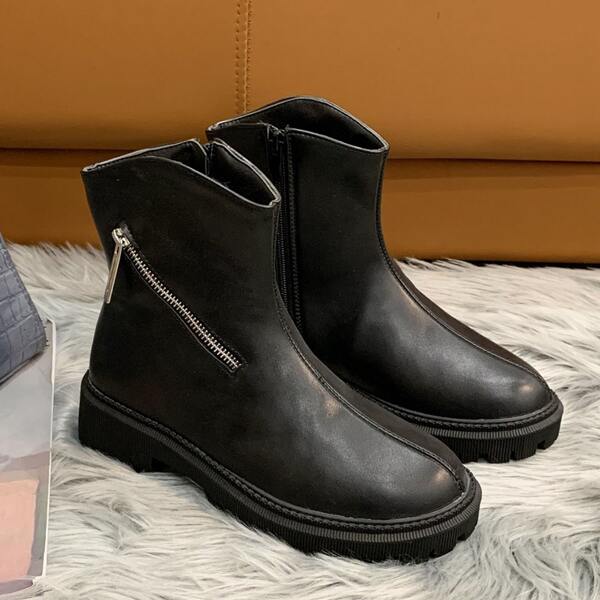 

Zipper Decor Ankle Boots, Black