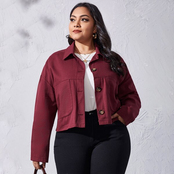 

Plus Drop Shoulder Button Front Denim Jacket, Burgundy
