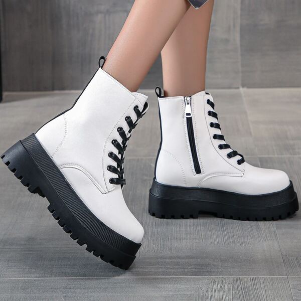 

Lace-up Front Side Zip Ankle Boots, White
