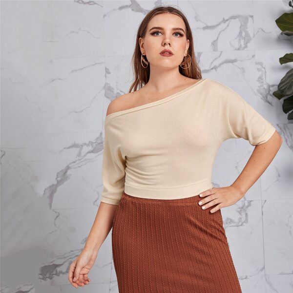 

Plus Asymmetrical Neck Solid Tee, Beige
