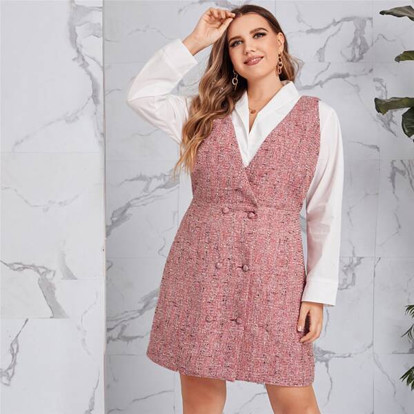 

Plus Surplice Neck Double Breasted Placket Tweed Overall Dress, Dusty pink
