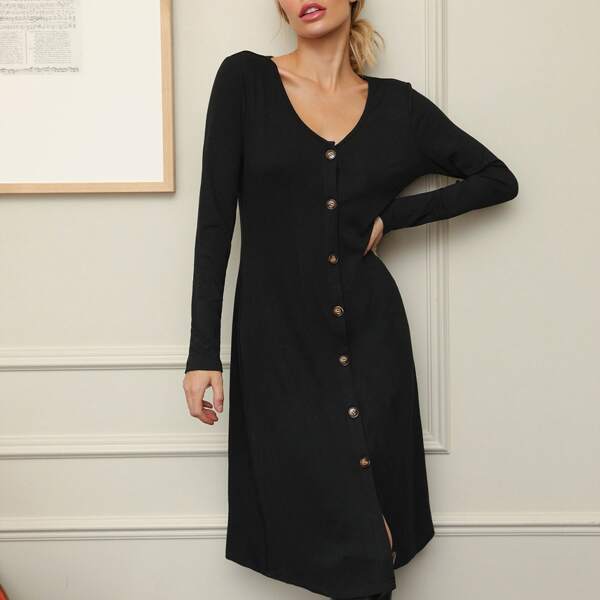 

V-neck Single Breasted Placket Dress, Black