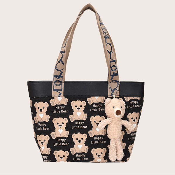 

Cartoon Bear Print Tote Bag, Black