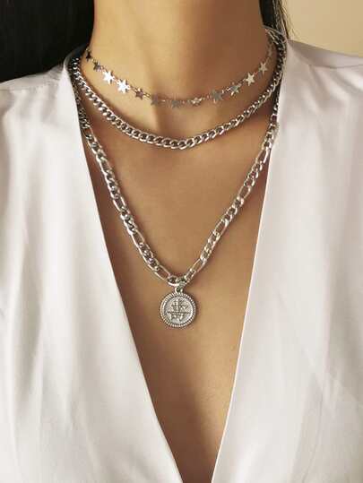 3قطعات/طقم الموضة أسلوب أساسي & عتيق مستدير بتعليقة عملة قلادة بطبقات طقم