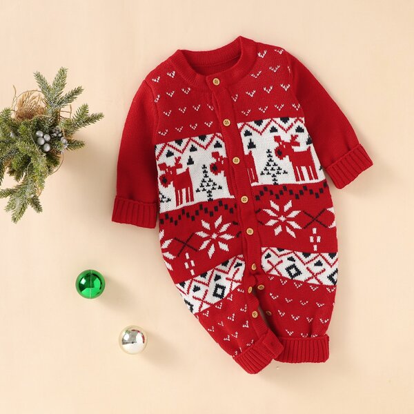 

Baby Girl Christmas Pattern Knit Jumpsuit, Burgundy