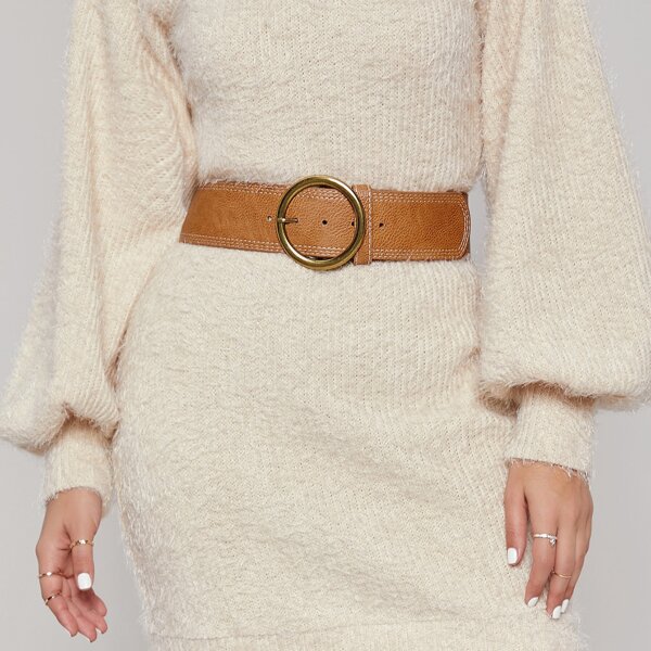 

Stitched Faux Leather O-Ring Buckle Waist Belt, Brown