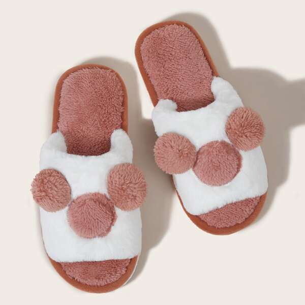 

Pom Pom Decor Color Block Fluffy Slippers, Watermelon pink