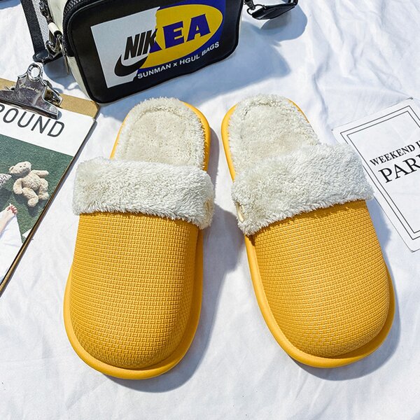 

Button Decor Faux Fur Lined Slippers, Yellow