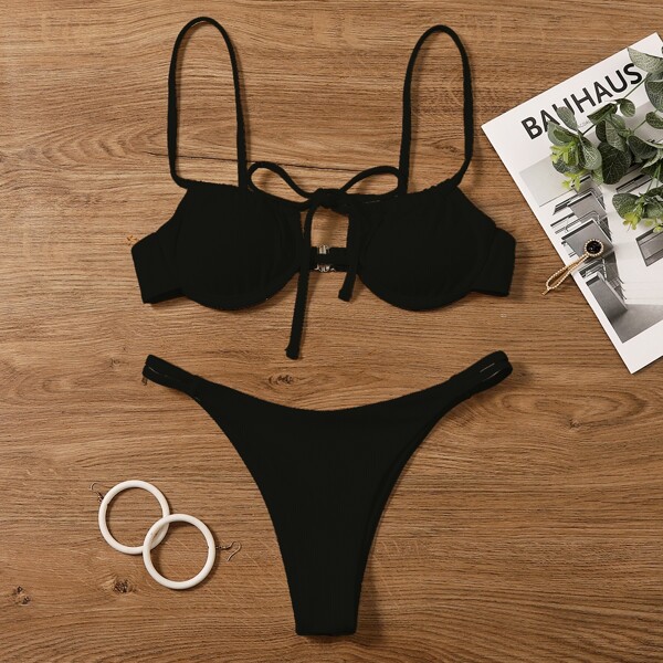 

Rib Tie Front Underwire Thong Bikini Swimsuit, Black