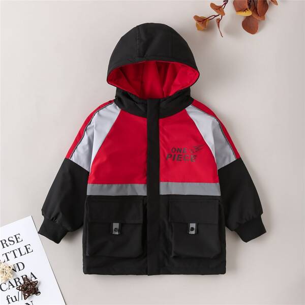 

Toddler Boys Colorblock And Letter Graphic Flap Pocket Hooded Coat, Multicolor