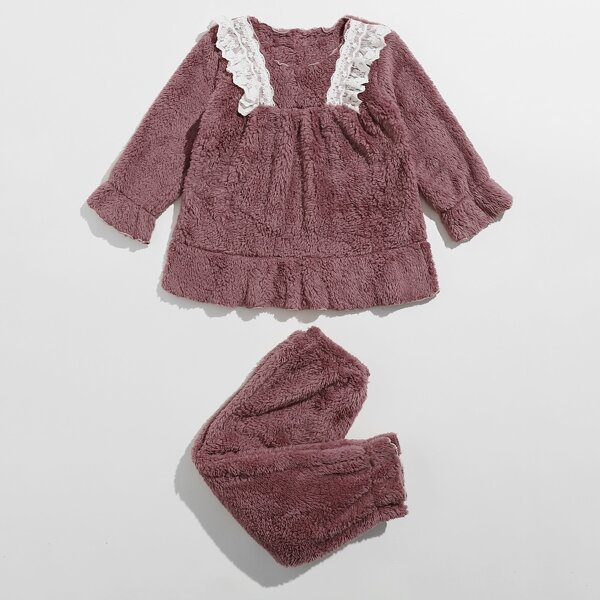 

Toddler Girls Ruffle Trim Contrast Lace Teddy Pajama Set, Dusty pink