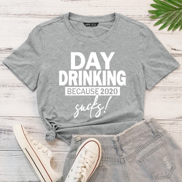 

Slogan Graphic Round Neck Tee, Light grey