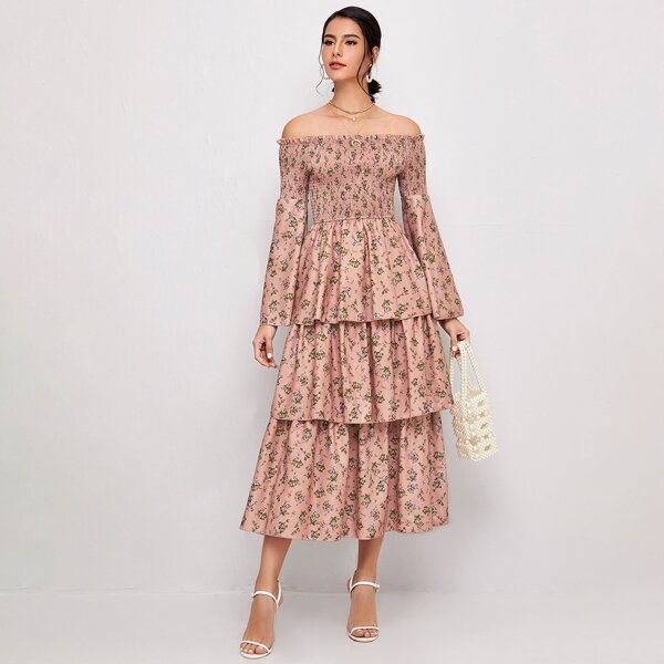 

Off Shoulder Shirred Bodice Bell Sleeve Layered Dress, Multicolor