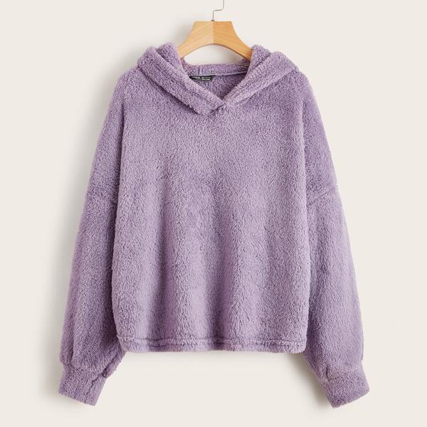 

Drop Shoulder Solid Teddy Hoodie, Lilac purple