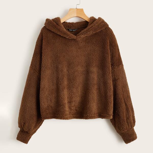 

Drop Shoulder Solid Teddy Hoodie, Coffee brown