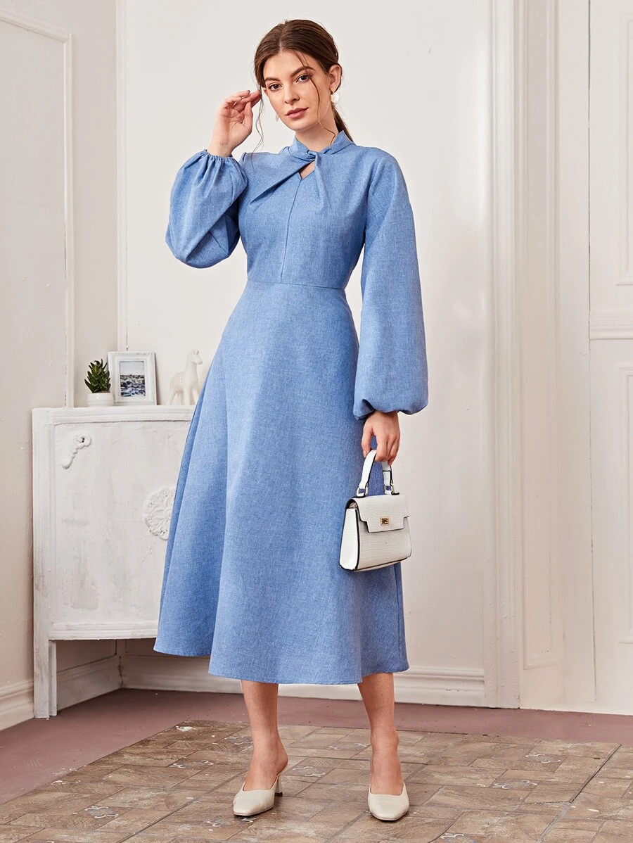 Mulvari Twist Neck Lantern Sleeve Flare Dress - Blue - View 1