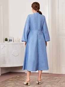 Mulvari Twist Neck Lantern Sleeve Flare Dress - Blue - View 2