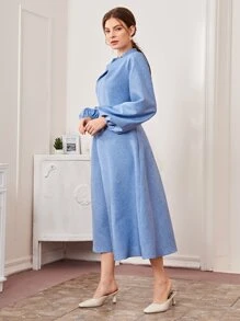 Mulvari Twist Neck Lantern Sleeve Flare Dress - Blue - View 3