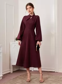 Modelyn 扭結領燈籠袖傘狀洋裝 - 紫紅色 - 查看 1