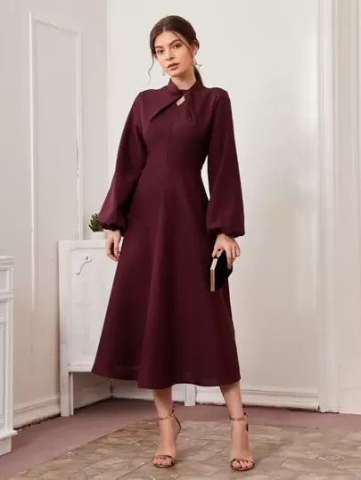 Modelyn Twist Neck Lantern Sleeve Flare Dress