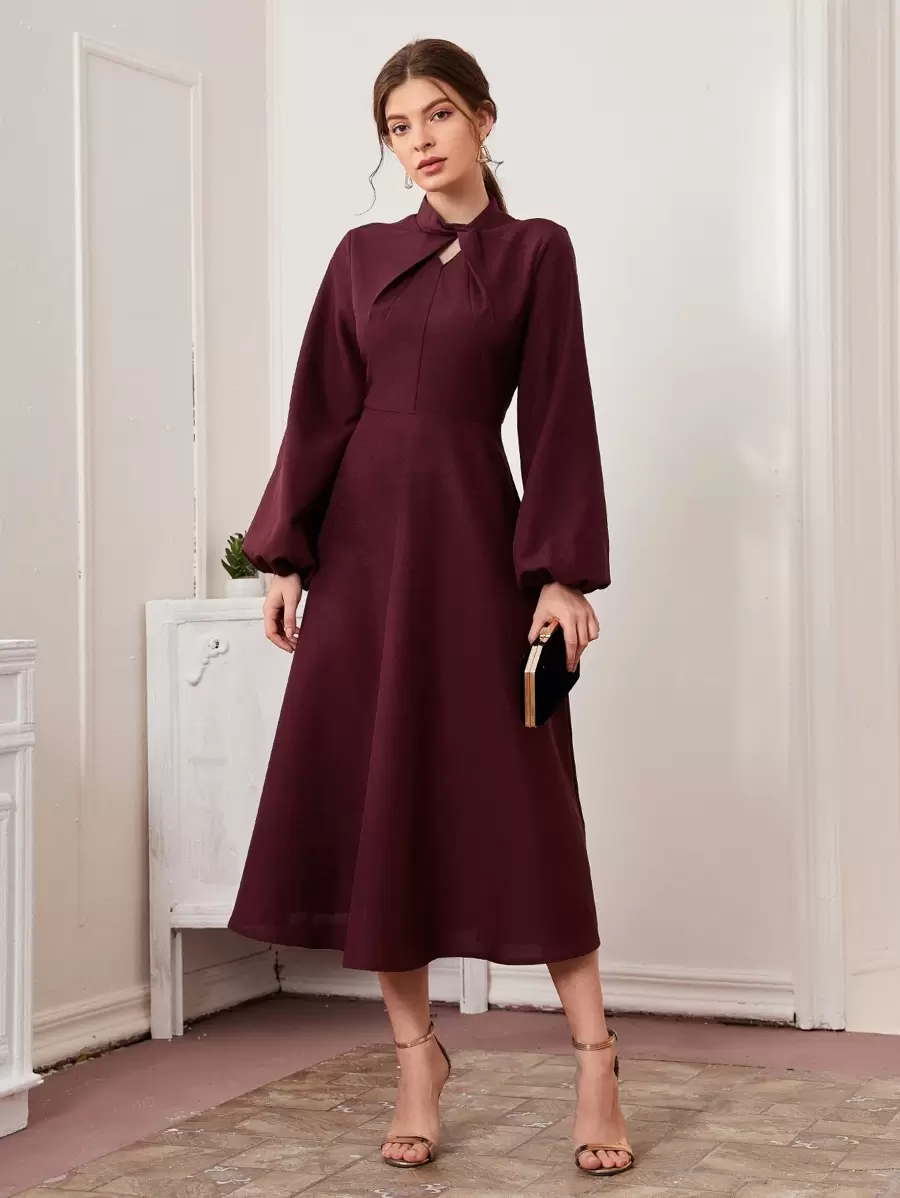 Modelyn 扭結領燈籠袖傘狀洋裝 - 紫紅色 - 查看 1