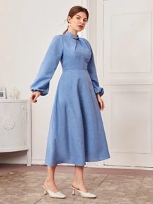 Mulvari Twist Neck Lantern Sleeve Flare Dress - Blue - View 5