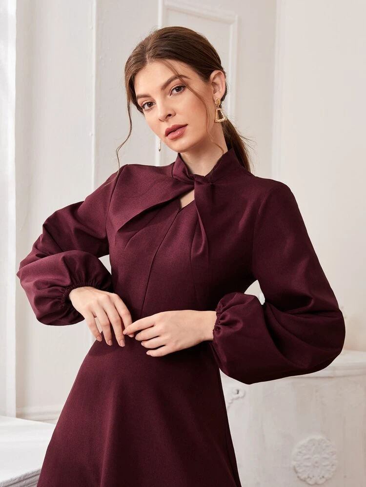 Twist Neck Lantern Sleeve Flare Dress