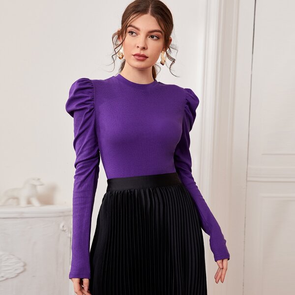 

Mock Neck Gigot Sleeve Rib-knit Tee, Purple