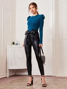 Modelyn Áo thun Gân đan màu trơn Thanh lịch - Màu xanh hải quân - Xem 4